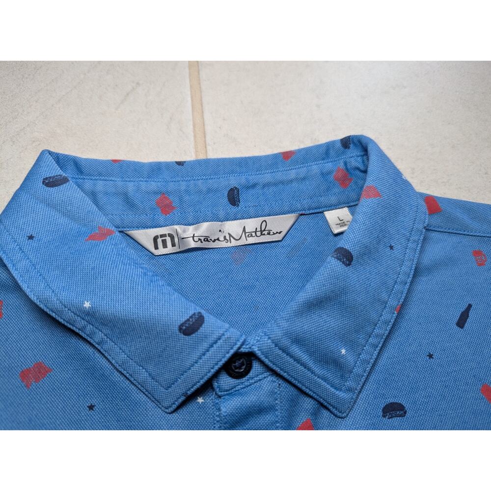 Travis Mathew Men's Large Golf Polo Shirt USA Print Blue Stretch The Boulders - Picture 5 of 7